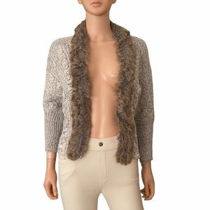 Women's Cable Knit Cardigan Sweater with Faux Fur Trim